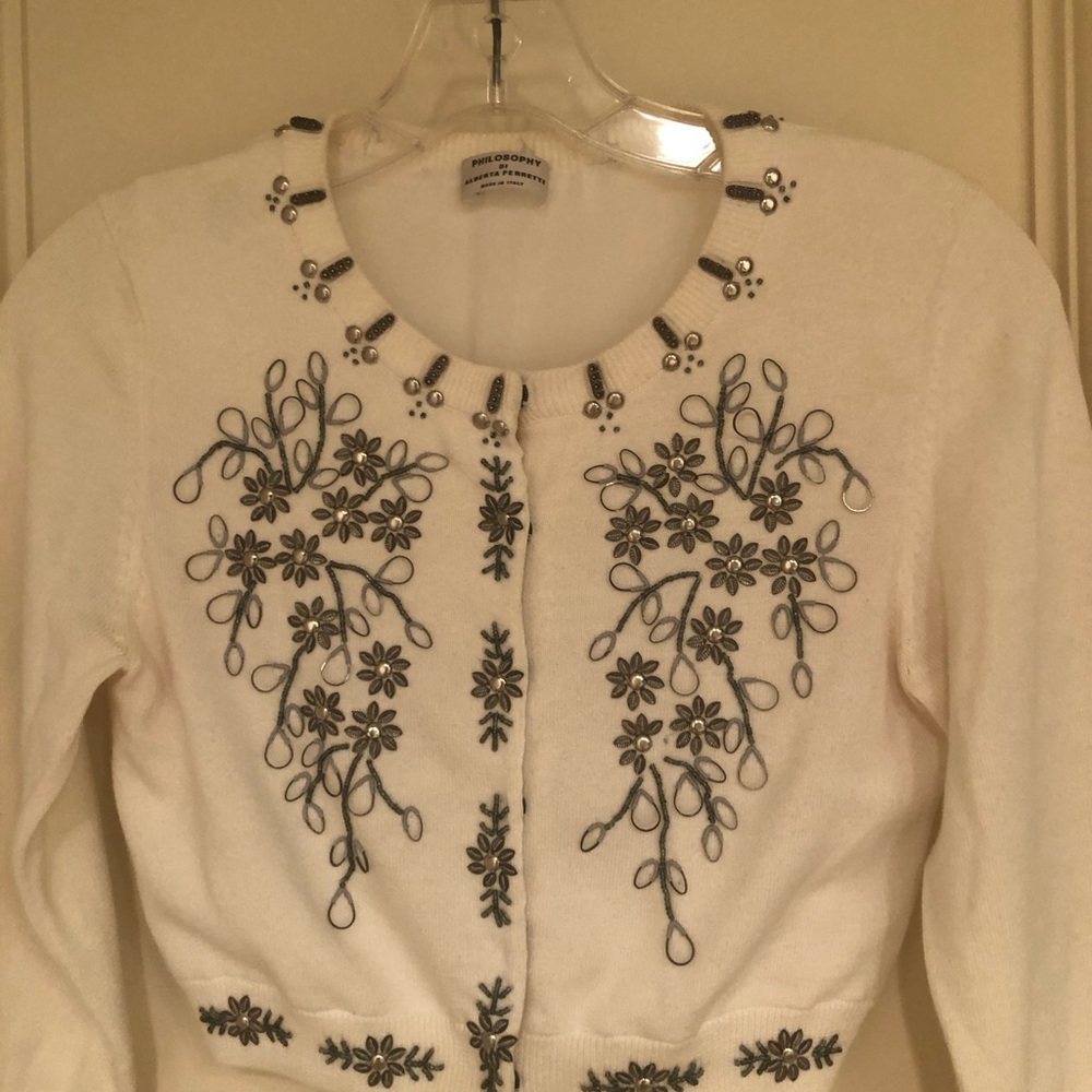 Philosophy White Embroidered Floral Cardigan Sweater